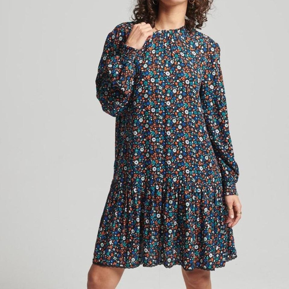 Superdry High Neck Dress Women's Size‎ 4 Floral Ruffle Blue Orange Twee Boho